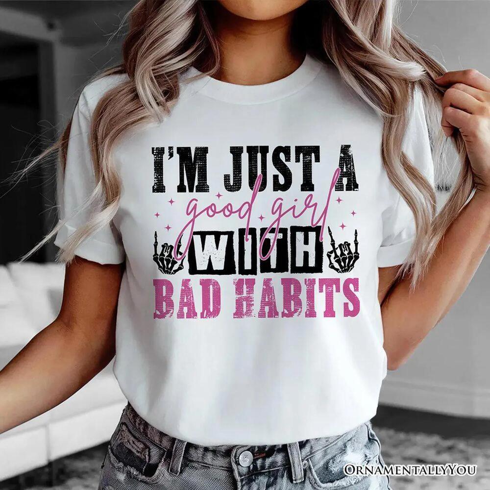 Good Girl With Bad Habits T-Shirt, Grunge And Skeleton Hands Navy, Black